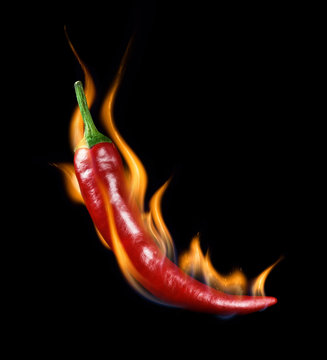 Chili Pepper In Flame On A Black Background.