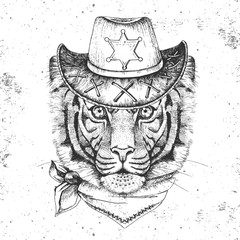 Hipster animal tiger. Hand drawing Muzzle of tiger