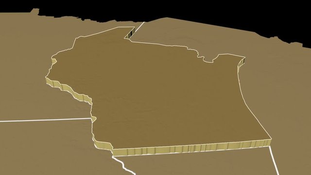 Wisconsin state (USA) extruded on the elevation map of North America isolated on black