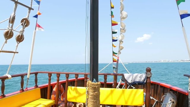 sea pirate ship. View from the deck of a sailing ship. Naval frigate