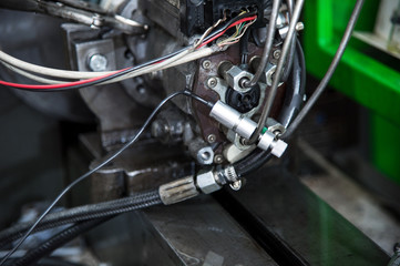 close-up high pressure diesel fuel pump test bench