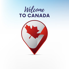 Flag of Canada in shape of map pointer or marker. Welcome to Canada. Vector illustration.
