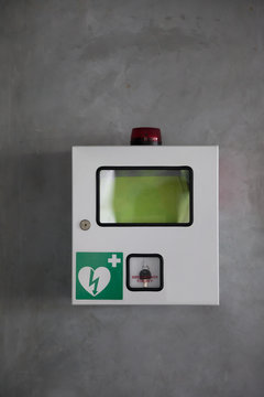 Cabinet First Aid Kit Emergency In Building, It Was Set On A Modern Wall.