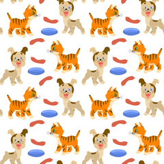 Obraz na płótnie Canvas Seamless pattern with a kitten, puppy and feed on white background.