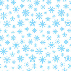  Seamless pattern with blue snowflakes on a white background, different variants of fantasy shapes of snowflakes.