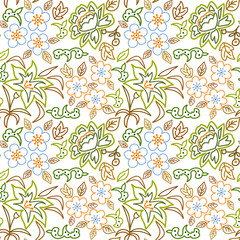 Fototapeta na wymiar Seamless pattern with abstract flowers and leaves, contours on a white background.