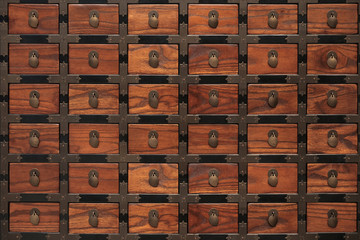 Wooden cabinet / Close up of old wooden medicine cabinet on white background. Soft focus.