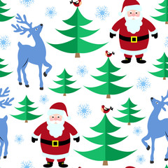 Seamless pattern with Christmas reindeer, Santa and Christmas tree on a white background.