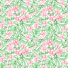 Seamless pattern with flowering peas, outline flowers and leaves.