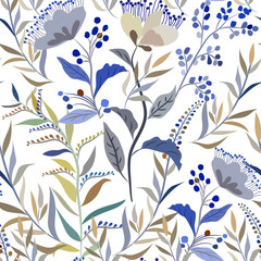 Seamless pattern with meadow flowers and herbs on a white background, floral ornament.