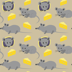  Seamless pattern with mice and cheese on a light beige background.