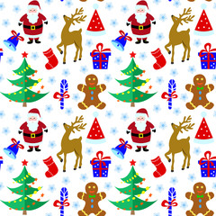 Obraz na płótnie Canvas Seamless pattern with traditional Christmas images, tree, reindeer, gift, gingerbread man, Santa Claus, snowflakes, sweet sticks, santa hat, sock.