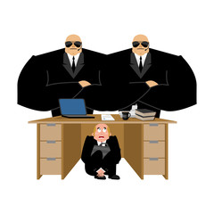 Businessman scared under table of collector. frightened business man under work board. repay debts. Boss fear office desk. To hide from arrears. Vector illustration