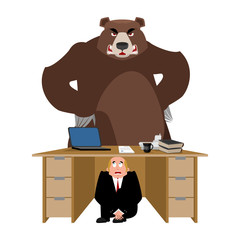 Businessman scared under table of Bear. frightened business man under work board. Wild Animal. Boss fear office desk. To hide from angry grizzly. Vector illustration