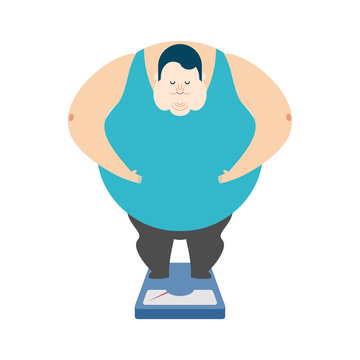 Fat guy on scales. Glutton Thick man. fatso vector illustration