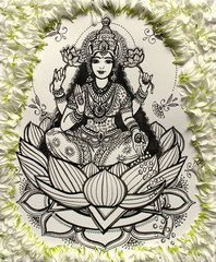 goddess Lakshmi, drawing with ink of the goddess Lakshmi on a lotus flower, India, Diwali holiday....