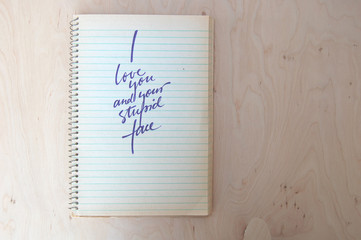 Calligraphic background with funny quote on spiral notebook