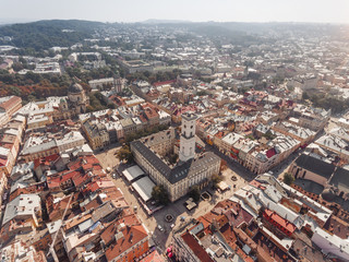 Fototapeta na wymiar Main square in Lvov, aerial view of city center summer time, old town from above