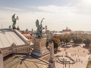 Obraz premium Aerial view of Lvov - city center view, old town, historical center at sunset, Ukraine, Western Ukraine