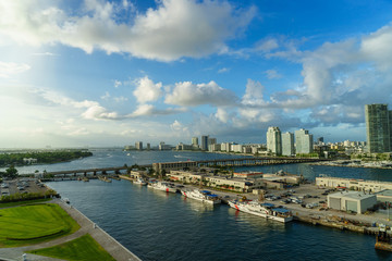 Fototapeta na wymiar Miami. Termian island view from the Cruise ship with beautiful sky