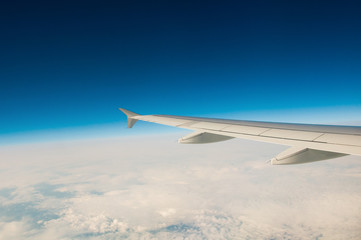 The wing of an airplane in the sky above the clouds.