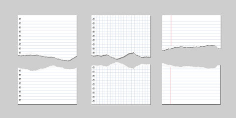 Set of Vector Illustrations of torn pages of notebook paper lined and square - obrazy, fototapety, plakaty