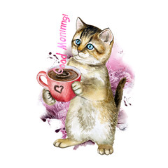British kitten with a cup of coffee on white background. Watercolor. Illustration. Template. Picture. Image