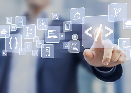 Coding concept with software developer touching code symbol and icons