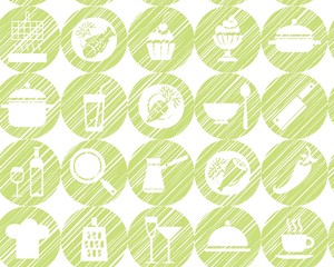 Kitchen, cooking, background, seamless, green, vector. Circular icons with food, drinks and utensils the painted strokes on white background. Hatch green pencil simulation. Vector seamless pattern. 