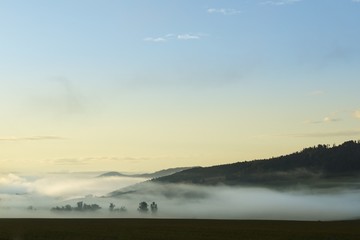Sunrise and sunset over the hills and town. Slovakia