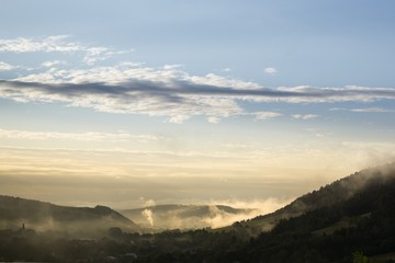 Misty morning sunrise on the road. Slovakia