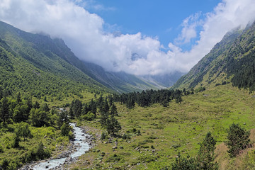 Fototapeta na wymiar Valley of Bilyagidon river in the mountains of Digoria, Caucasus, Republic of North Ossetia-Alania, Russia