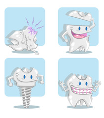 Four cartoon illustrations of a tooth: implant, crown, orthodontics and decay. 