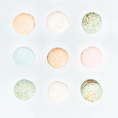 Macarons, top view flat lay, fly falling macaroon