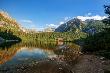 Obraz premium Panorama of Popradske pleso lake valley in Tatra Mountains, Slovakia, Europe
