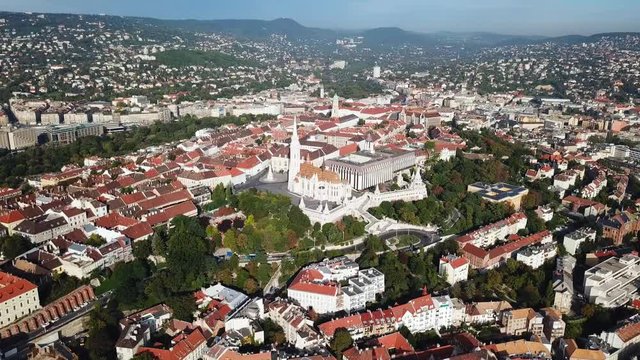 Aerial footage of Budapest, Hungary and Matthias Church.