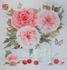 Pink Chinese peonies in a white vase on the table, a cherry and a butterfly are painted with watercolor on paper. Figure of Chinese peonies vase watercolor.
