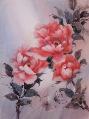 Pink ktiai peonies with drops of dew and butterflies are painted with watercolor on paper. Chinese peonies, drawing in watercolor