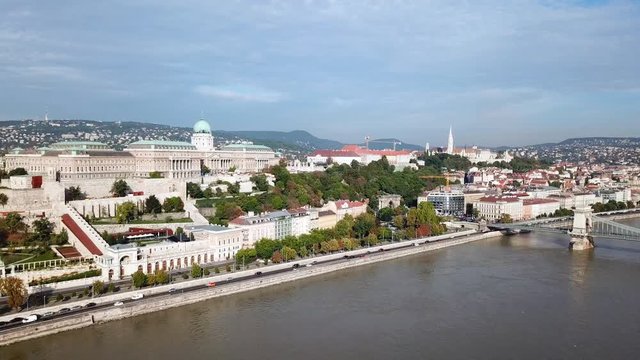 Aerial footage - From Buda castle to Matthias Church in Budapest, Hungary with the Famous chain bridge.