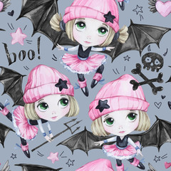 Watercolor seamless pattern. Ballet girls with bat wings and skulls. Dancing little witches. Teenager. Halloween horror party. Have fun. Can be use in holidays, birthday design, posters, card.