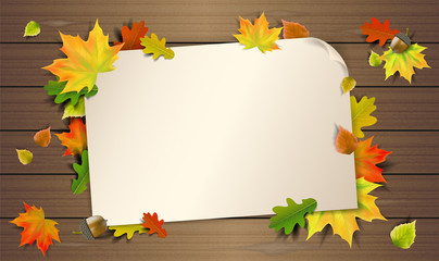 Naklejka na ściany i meble Herbst Laub auf Holz mit Papier Zettel