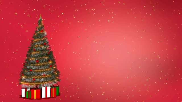 Christmas tree on red background with copy space. Loop able, 3D rendering, UHD