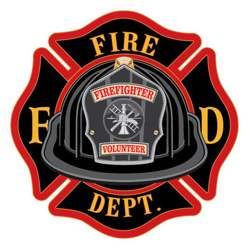 Fire Department Cross Volunteer Black Helmet is an illustration of a fireman or firefighter Maltese cross emblem with a black volunteer firefighter helmet and badge in the foreground..