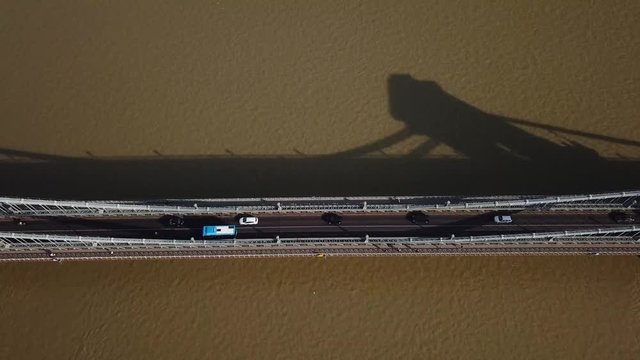 Top down aerial view - Traffic on Elisabeth bridge, Budapest, Hungary.