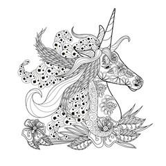 Monochrome zentangle style sketch of unicorn head with lush mane stock vector illustration