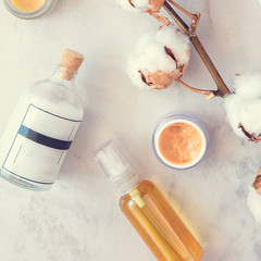 Natural spa skincare beauty products from above. Beauty flatlay, square