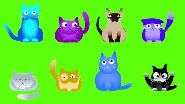 Musical disco cats on green screen. Looped comical 2D animation. Funny collection furry characters. Cartoon dancing animals. Animated digital drawn pets. Motion graphics for VJ loops and music clips. 