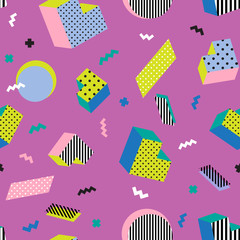 Seamless colorful old school geometric violet background pattern, memphis design style. Vector illustration