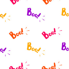 Halloween seamless pattern with colorful boo text. Happy Halloween, trick or treat concept. Illustration isolated  on white background.