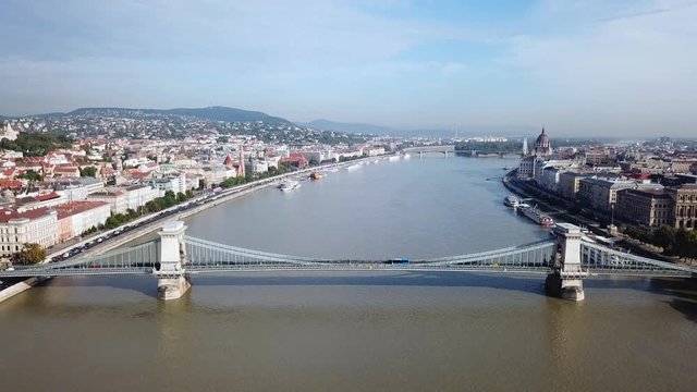 Aerial footage of Budapest, Hungary over the Danube river on a summer's day.